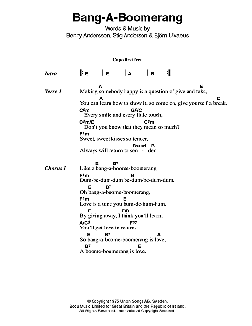 ABBA Bang-A-Boomerang Sheet Music Notes & Chords for Lyrics & Chords - Download or Print PDF ABBA Bang-A-Boomerang Sheet Music Notes & Chords for Lyrics & Chords - Download or Print PDF