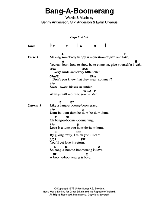 ABBA Bang-A-Boomerang Sheet Music Notes & Chords for Lyrics & Chords - Download or Print PDF