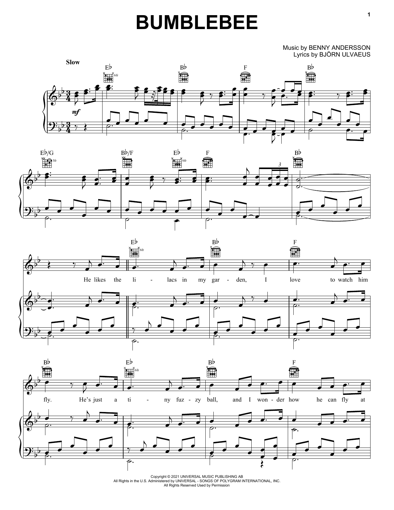 ABBA Bumblebee Sheet Music Notes & Chords for Piano, Vocal & Guitar Chords (Right-Hand Melody) - Download or Print PDF