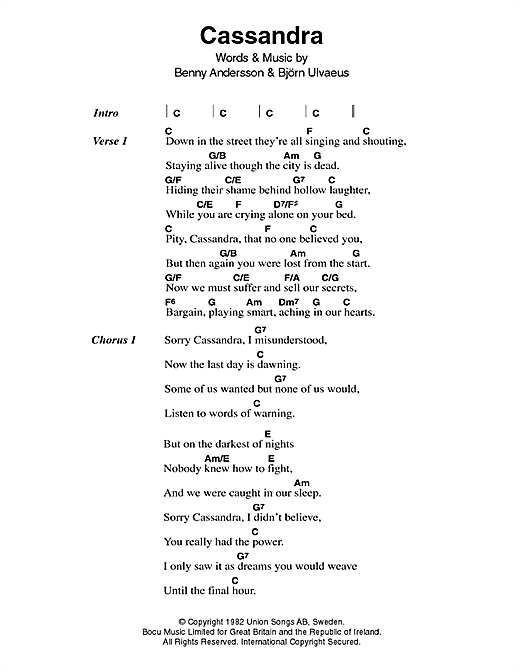 ABBA Cassandra Sheet Music Notes & Chords for Lyrics & Chords - Download or Print PDF