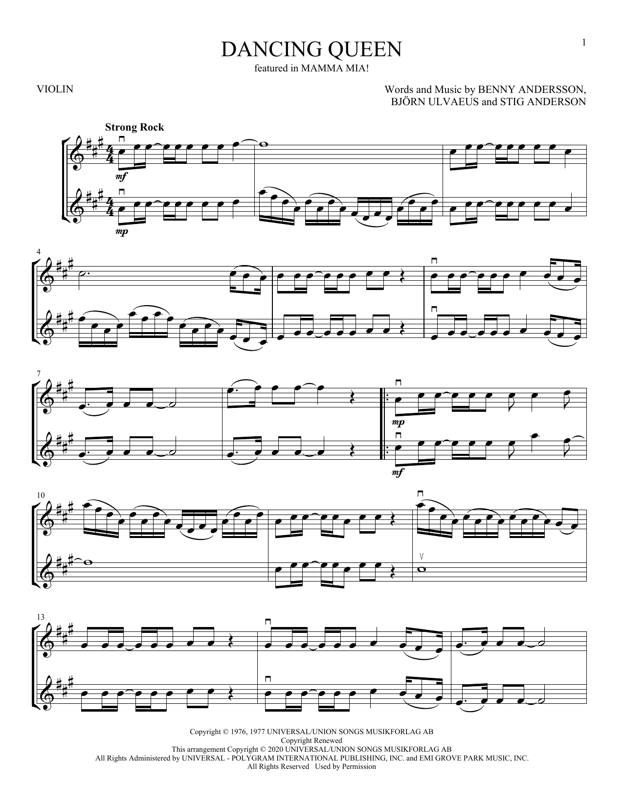 ABBA Dancing Queen (from Mamma Mia) Sheet Music Notes & Chords for Violin Duet - Download or Print PDF