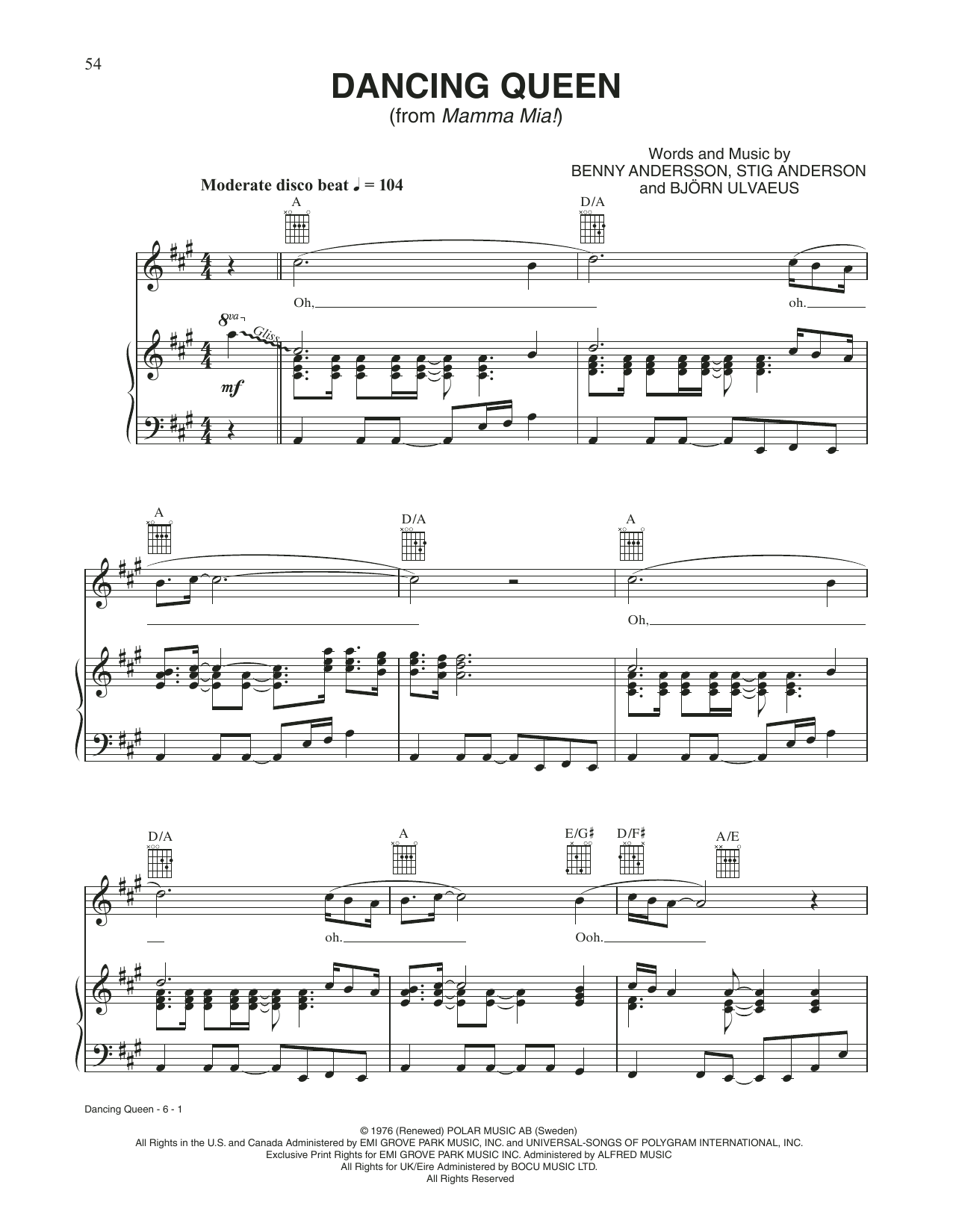 ABBA Dancing Queen (from Mamma Mia!) Sheet Music Notes & Chords for Piano, Vocal & Guitar Chords (Right-Hand Melody) - Download or Print PDF