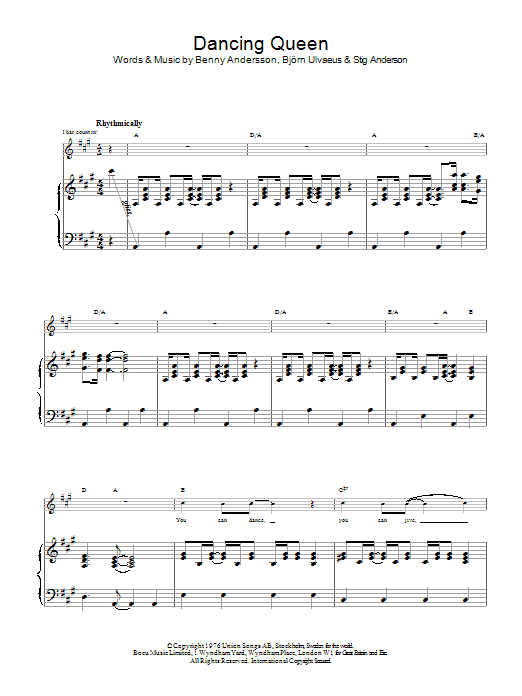 Preview Abba Dancing Queen Pop sheet music, notes and chords for Melody Line, Lyrics & Chords, SKU: 194582 Dancing Queen sheet music