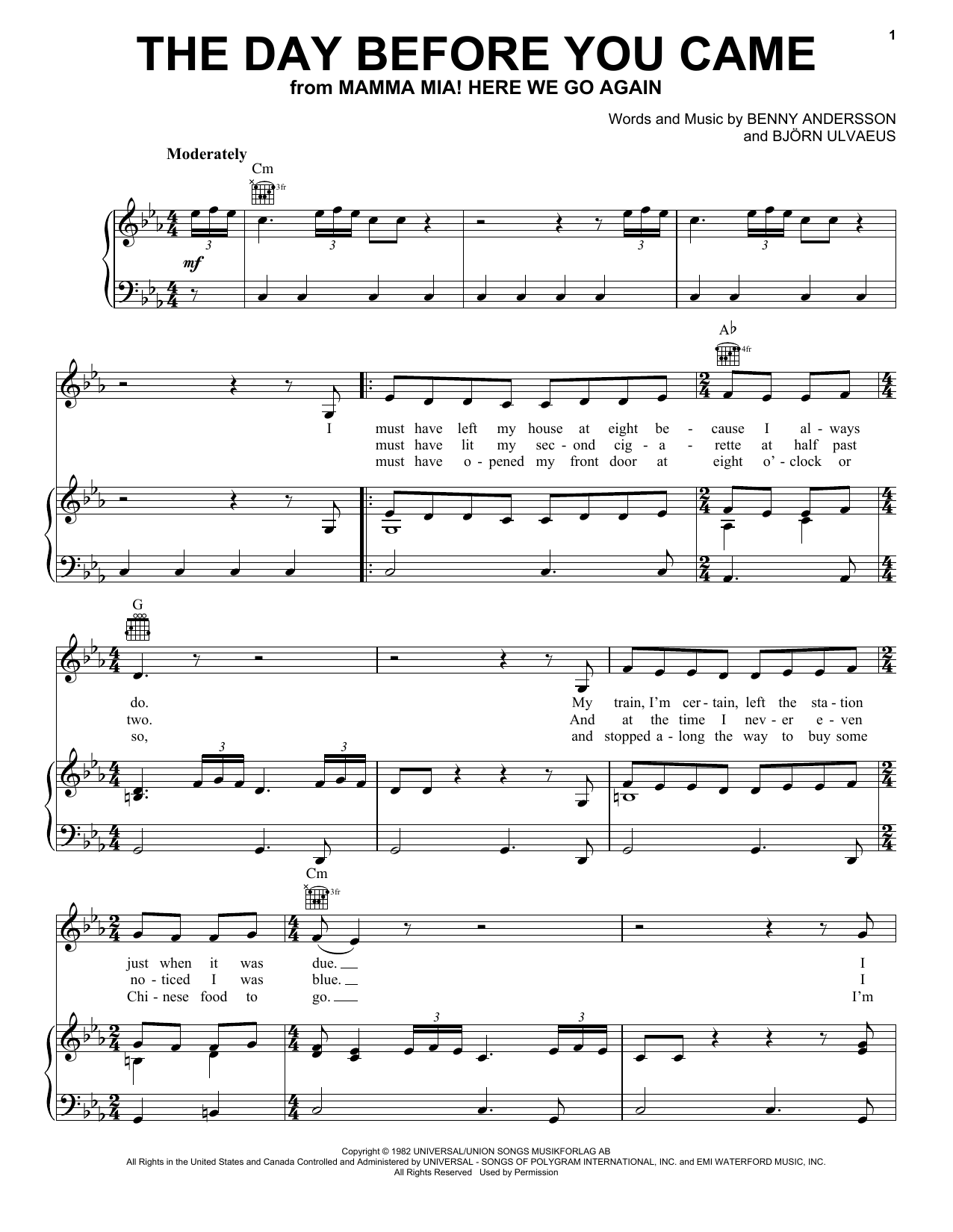 ABBA Day Before You Came (from Mamma Mia! Here We Go Again) Sheet Music Notes & Chords for Piano, Vocal & Guitar (Right-Hand Melody) - Download or Print PDF