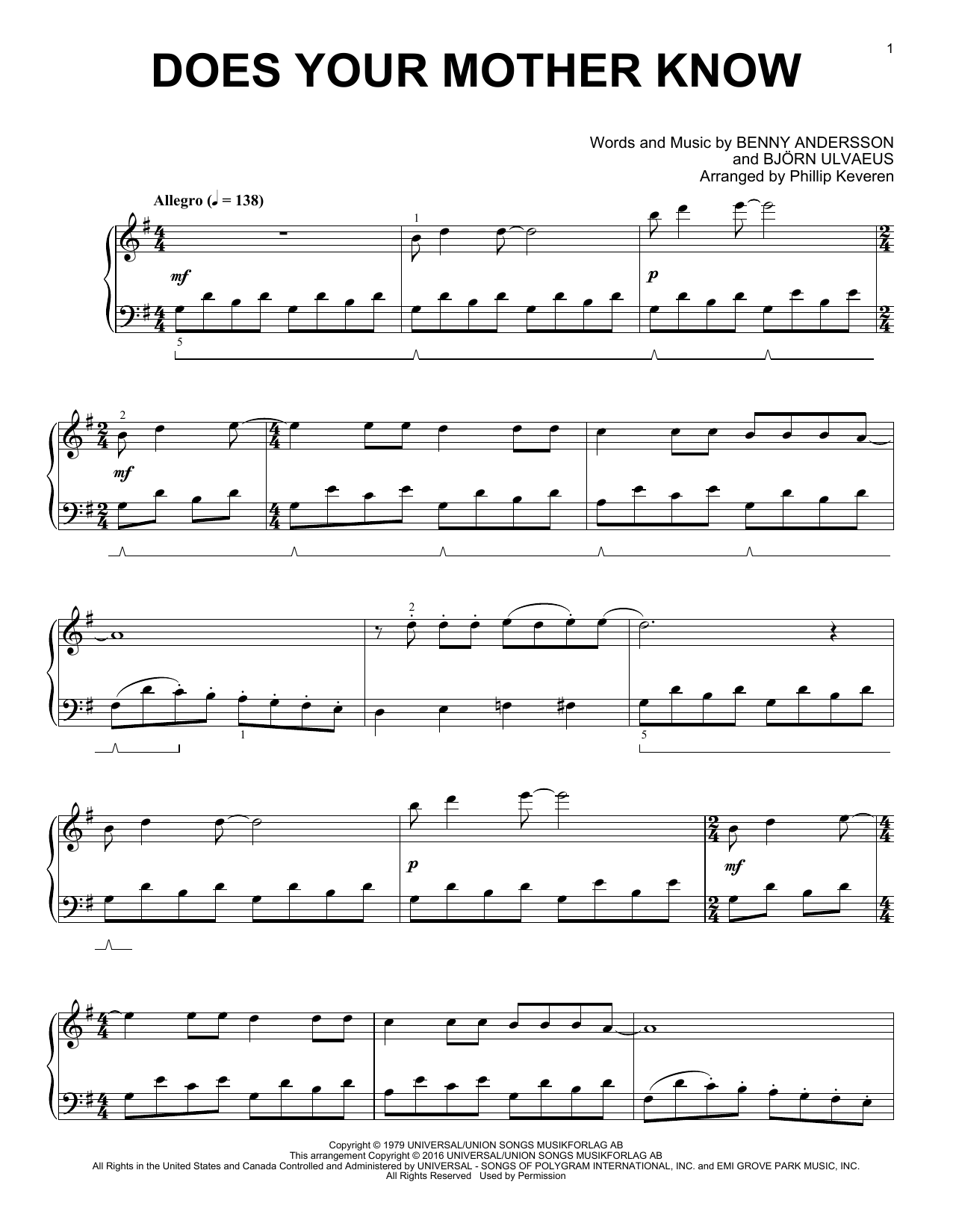 Phillip Keveren Does Your Mother Know Sheet Music Notes & Chords for Piano - Download or Print PDF