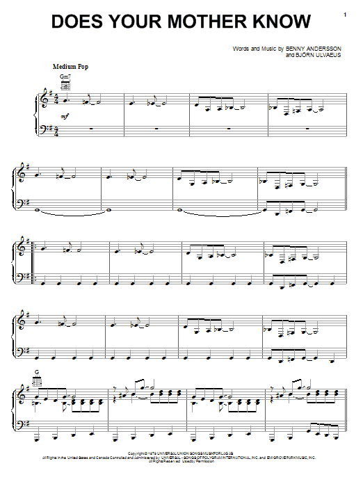 Preview ABBA Does Your Mother Know Pop sheet music, notes and chords for Easy Piano, SKU: 54149 Does Your Mother Know sheet music