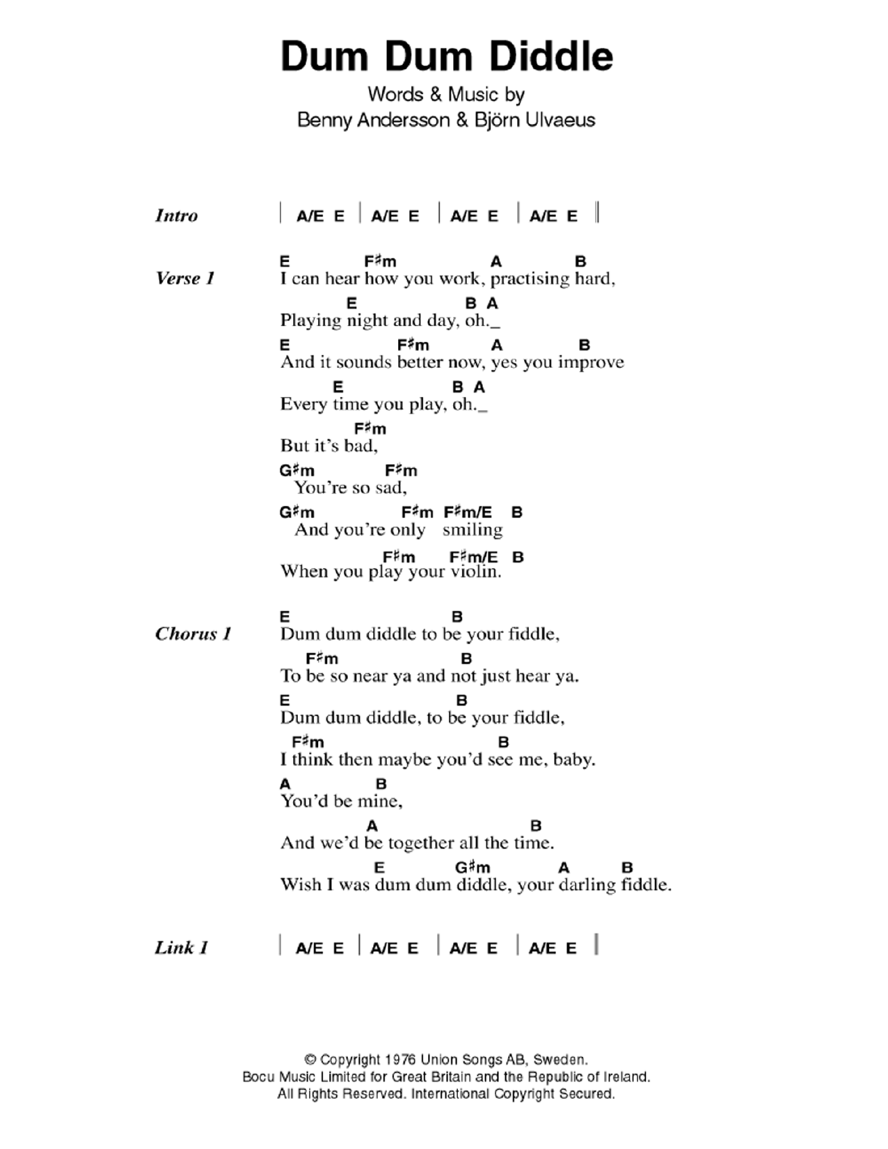 ABBA Dum Dum Diddle Sheet Music Notes & Chords for Lyrics & Chords - Download or Print PDF