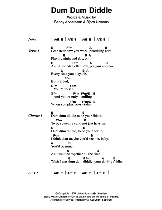 ABBA Dum Dum Diddle Sheet Music Notes & Chords for Lyrics & Chords - Download or Print PDF