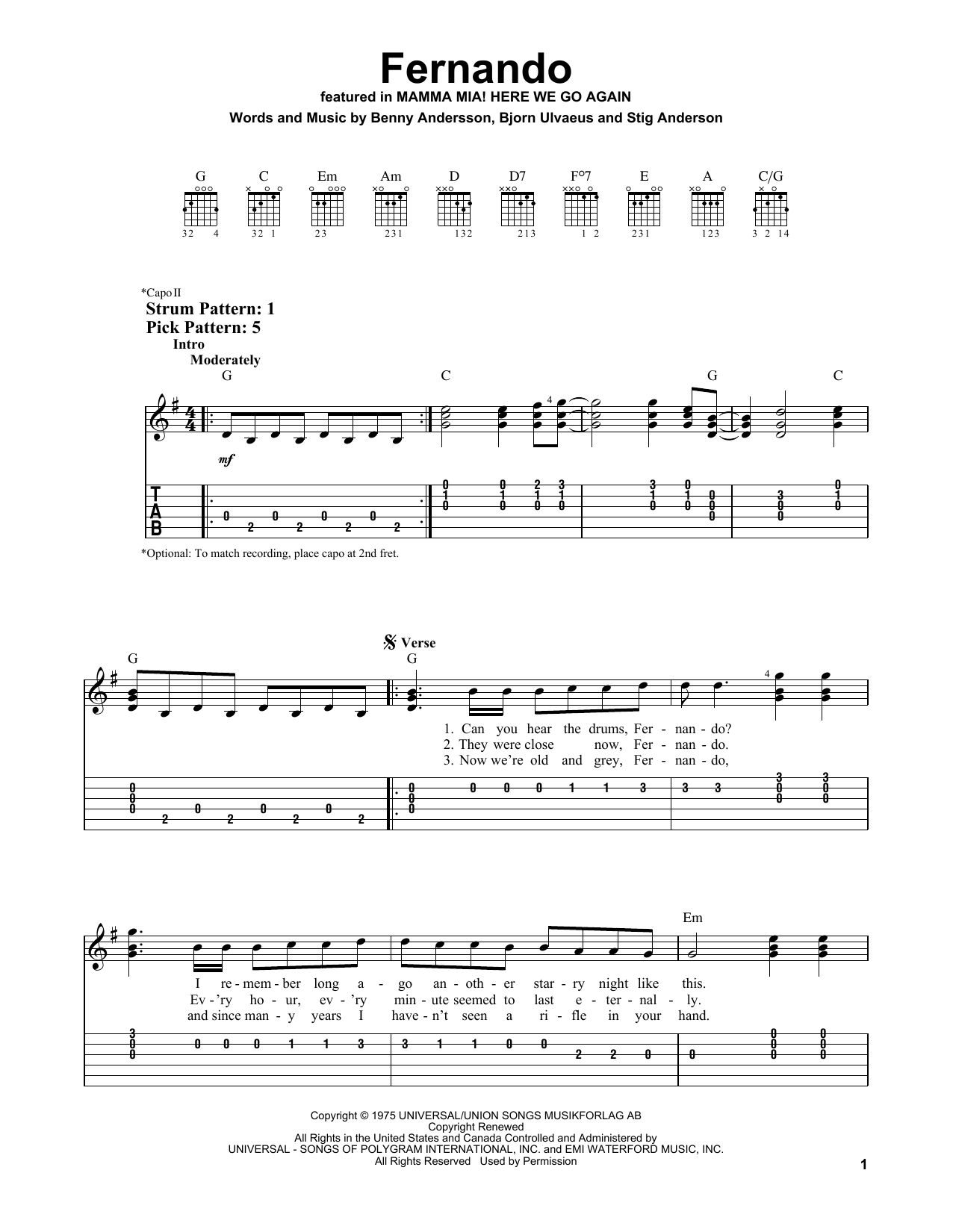 ABBA Fernando (from Mamma Mia! Here We Go Again) Sheet Music Notes & Chords for Easy Guitar Tab - Download or Print PDF