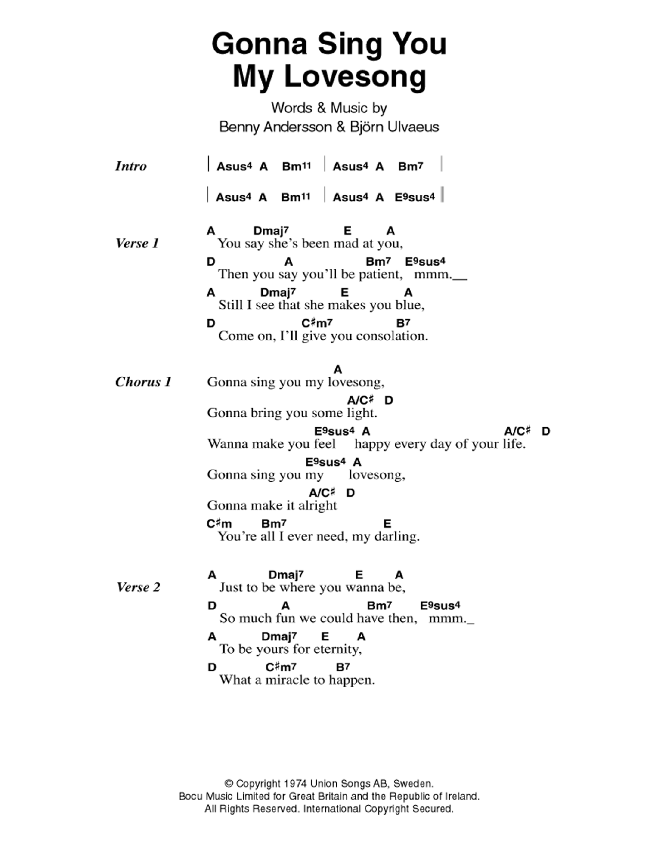 ABBA Gonna Sing You My Lovesong Sheet Music Notes & Chords for Lyrics & Chords - Download or Print PDF