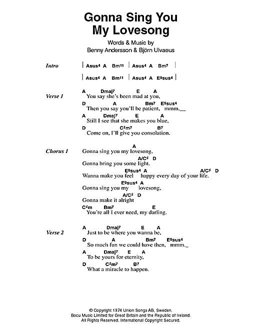 ABBA Gonna Sing You My Lovesong Sheet Music Notes & Chords for Lyrics & Chords - Download or Print PDF