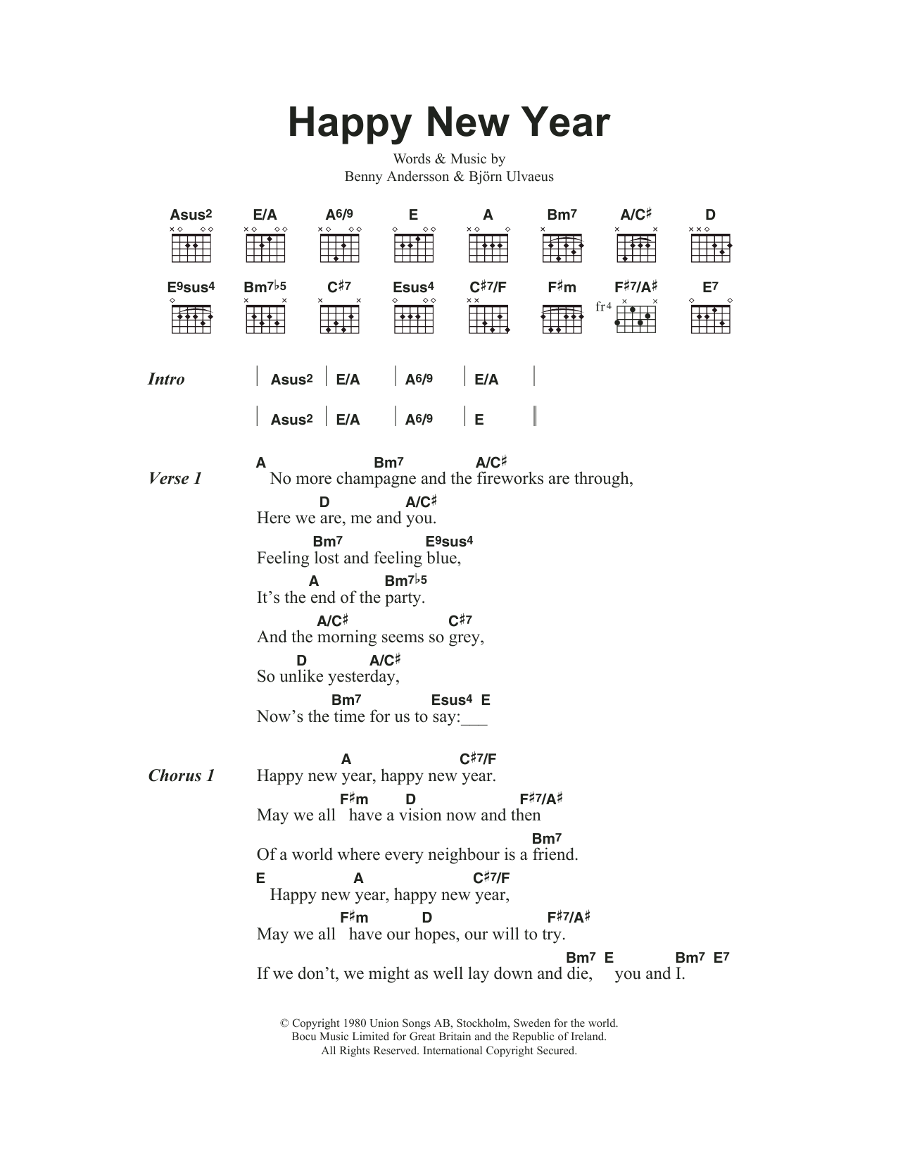 ABBA Happy New Year Sheet Music Notes & Chords for Piano, Vocal & Guitar (Right-Hand Melody) - Download or Print PDF