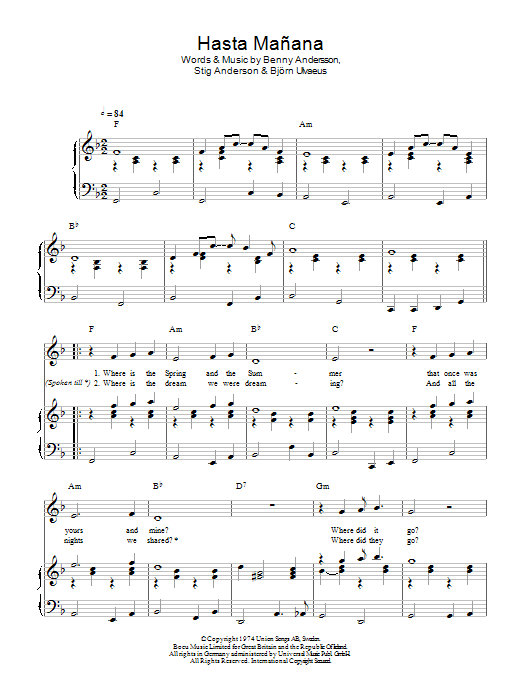 ABBA Hasta Manana Sheet Music Notes & Chords for Piano, Vocal & Guitar (Right-Hand Melody) - Download or Print PDF