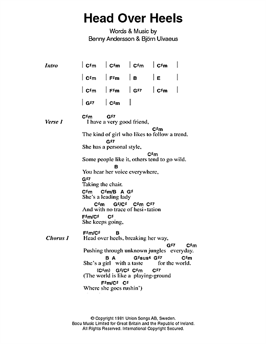 Preview ABBA Head Over Heels Pop sheet music, notes and chords for Piano, Vocal & Guitar (Right-Hand Melody), SKU: 18012 Head Over Heels sheet music