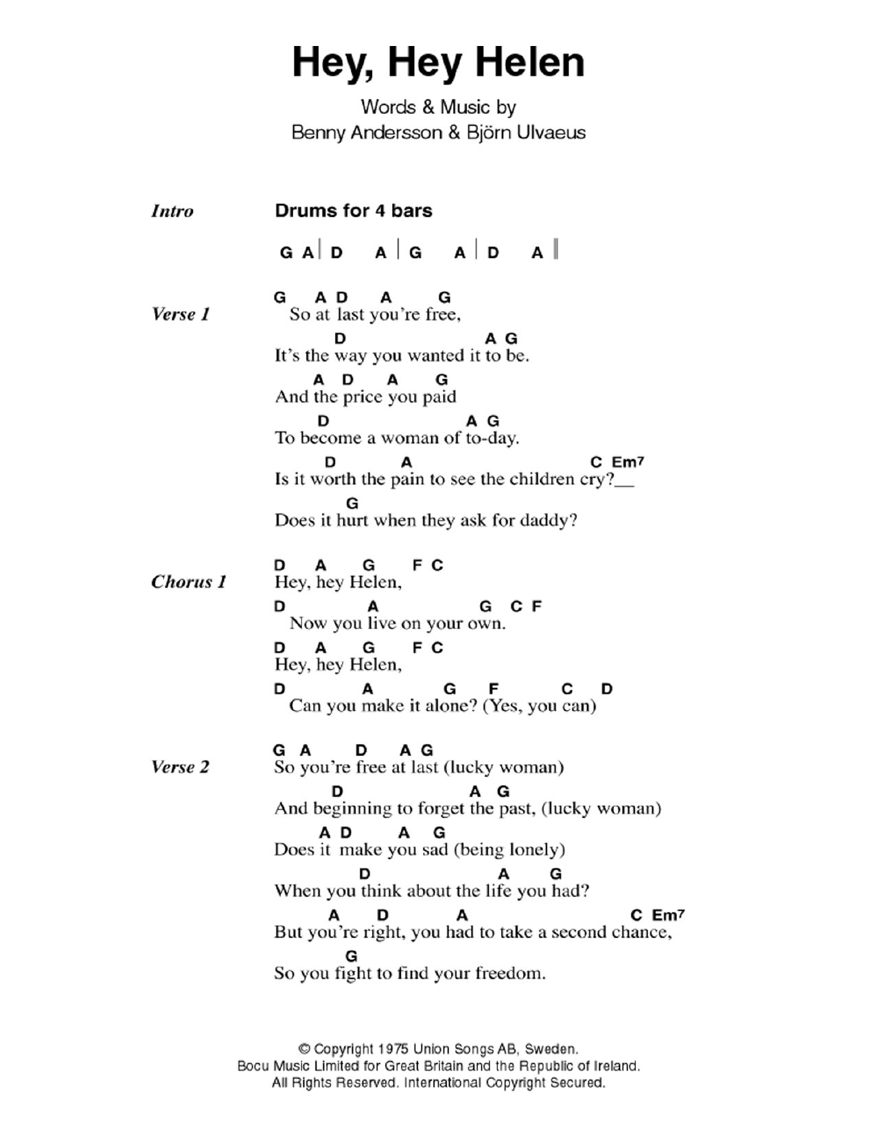 ABBA Hey, Hey Helen Sheet Music Notes & Chords for Lyrics & Chords - Download or Print PDF