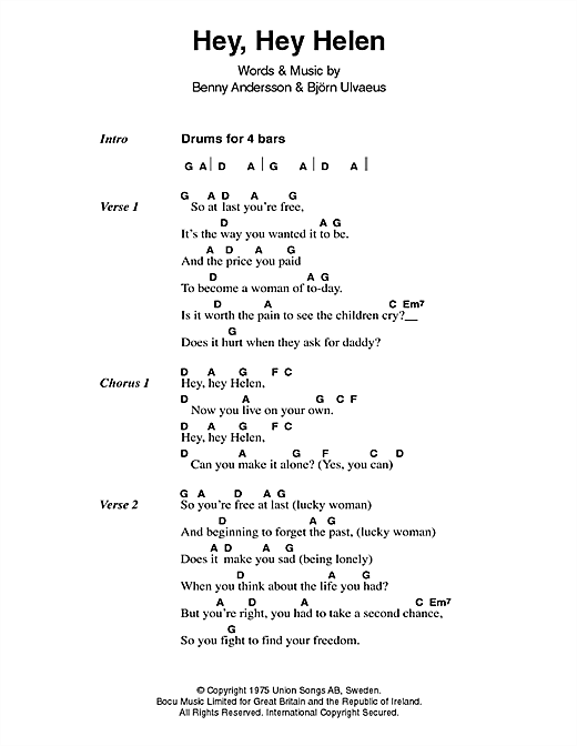 ABBA Hey, Hey Helen Sheet Music Notes & Chords for Lyrics & Chords - Download or Print PDF