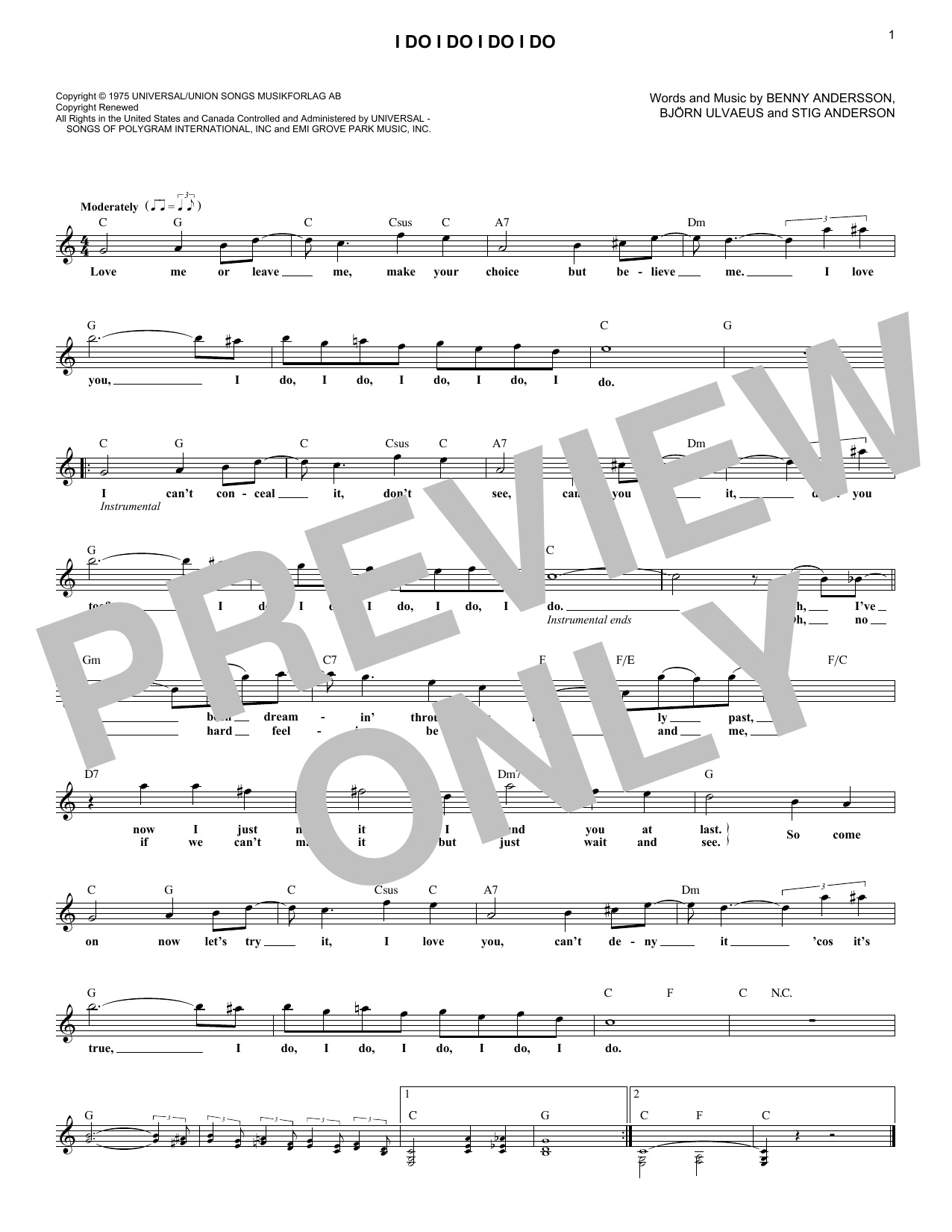 ABBA I Do I Do I Do I Do Sheet Music Notes & Chords for Melody Line, Lyrics & Chords - Download or Print PDF