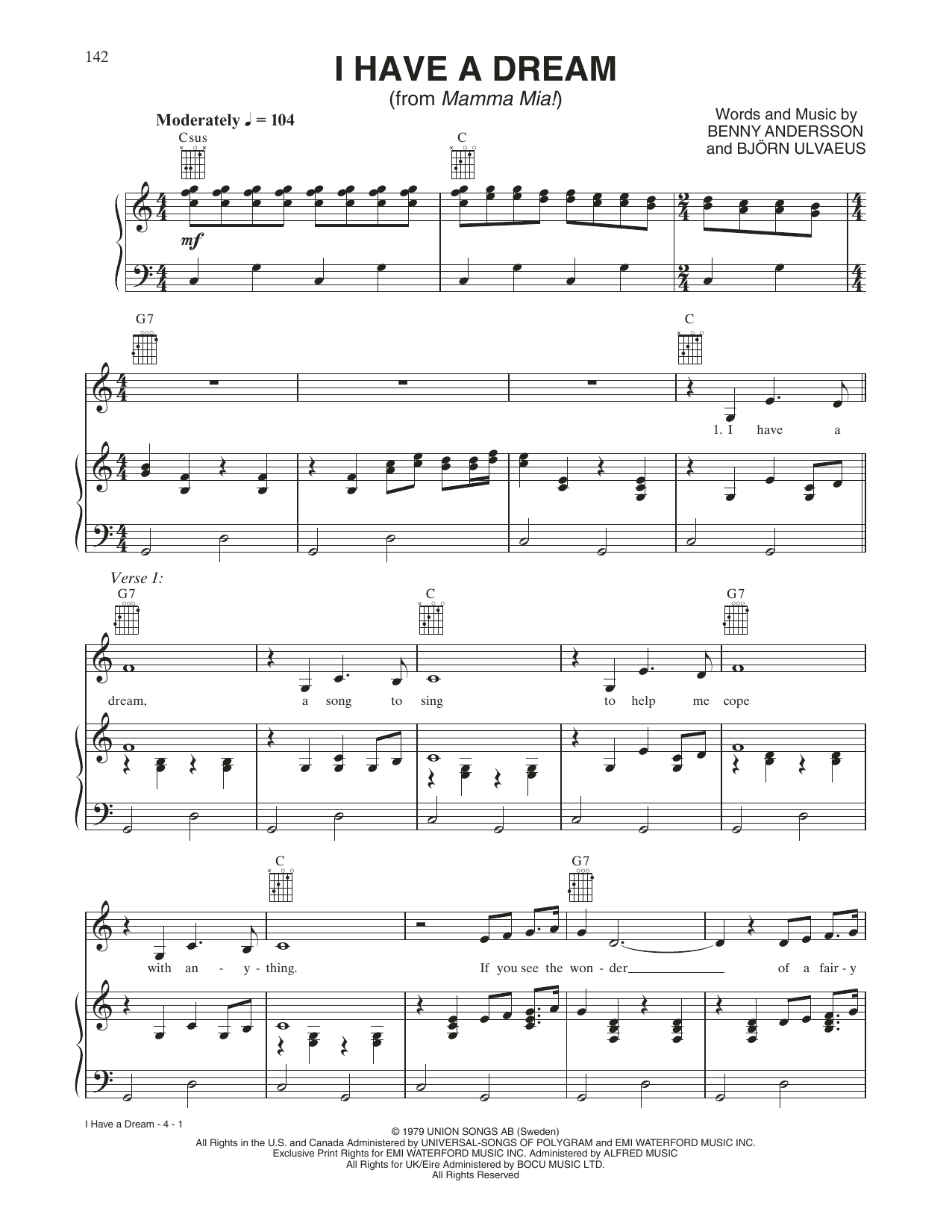 ABBA I Have A Dream (from Mamma Mia!) Sheet Music Notes & Chords for Piano, Vocal & Guitar Chords (Right-Hand Melody) - Download or Print PDF