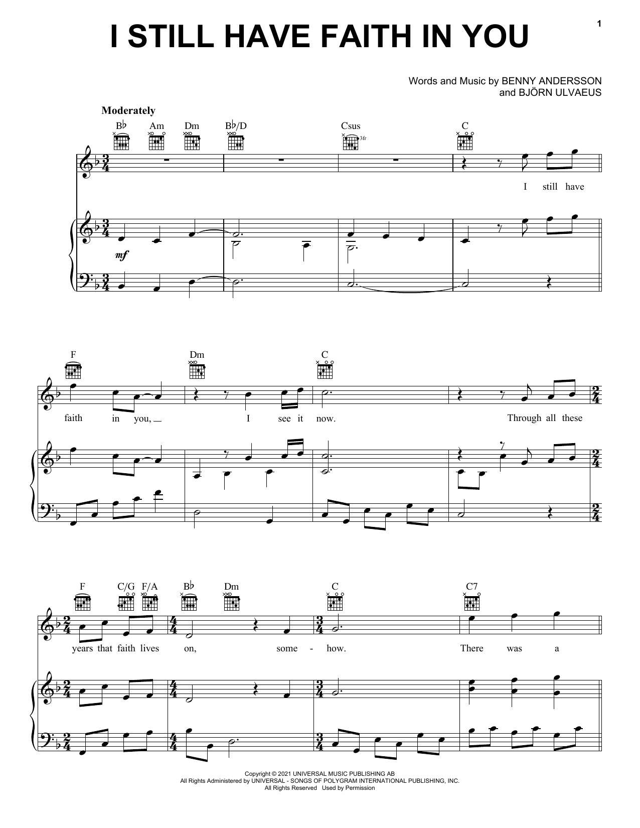 ABBA I Still Have Faith In You Sheet Music Notes & Chords for Really Easy Piano - Download or Print PDF