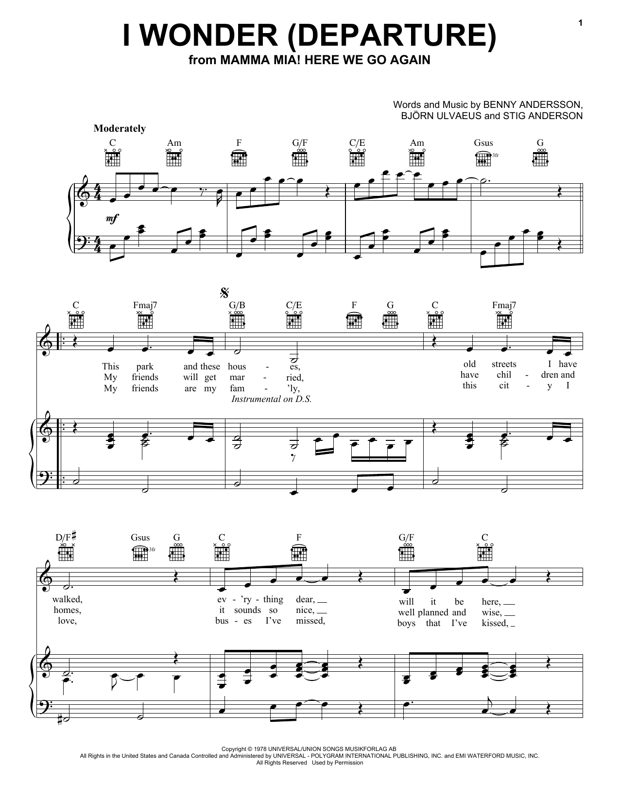 ABBA I Wonder (Departure) (from Mamma Mia! Here We Go Again) Sheet Music Notes & Chords for Piano, Vocal & Guitar (Right-Hand Melody) - Download or Print PDF