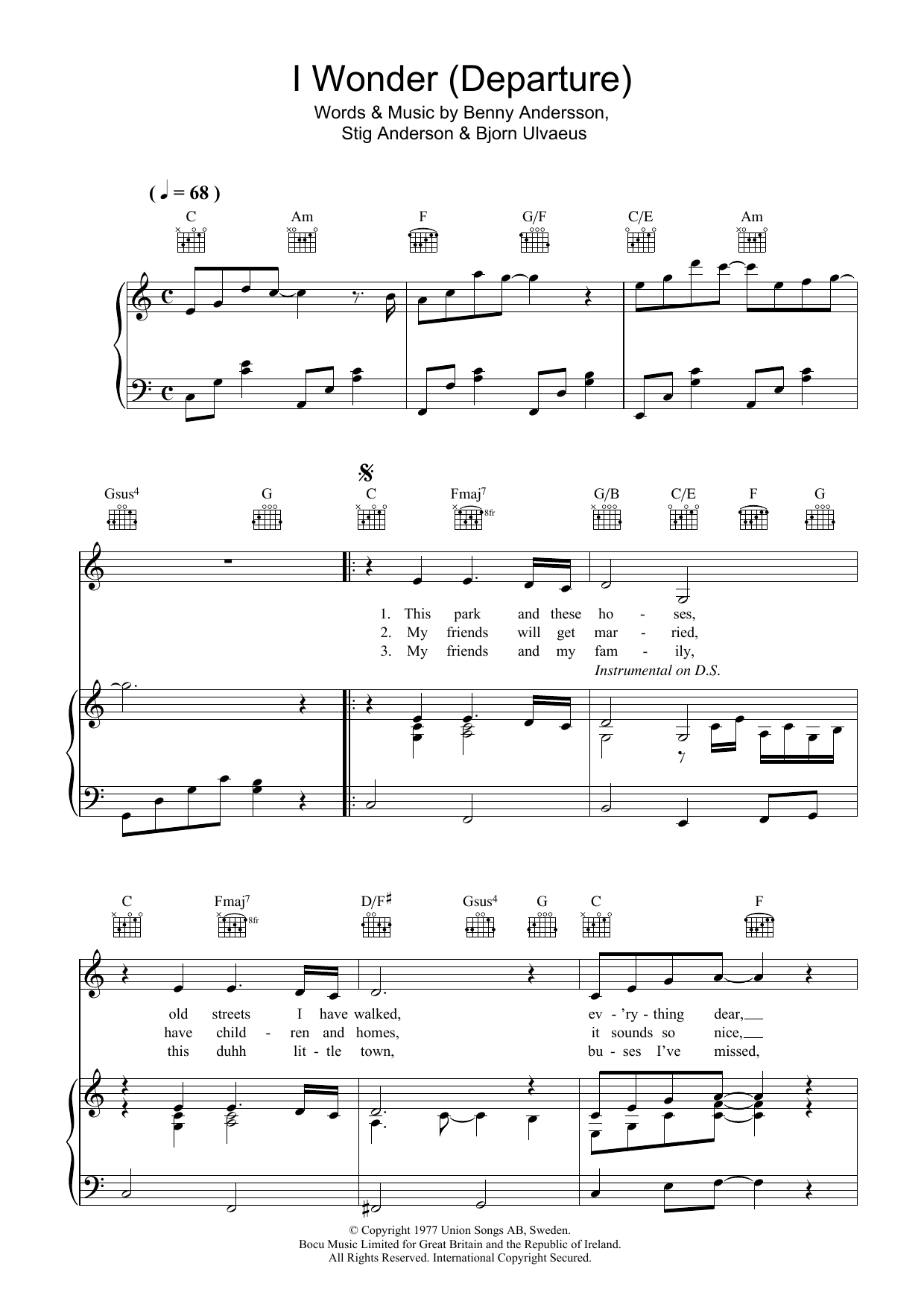 ABBA I Wonder (Departure) Sheet Music Notes & Chords for Piano, Vocal & Guitar (Right-Hand Melody) - Download or Print PDF