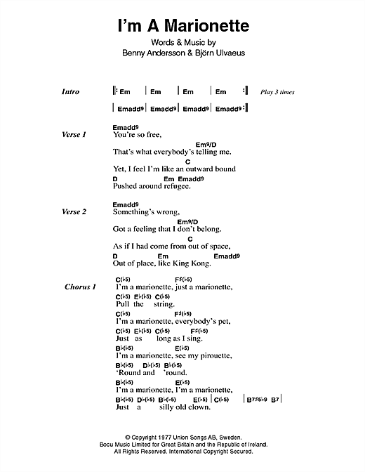 ABBA I'm A Marionette Sheet Music Notes & Chords for Lyrics & Chords - Download or Print PDF