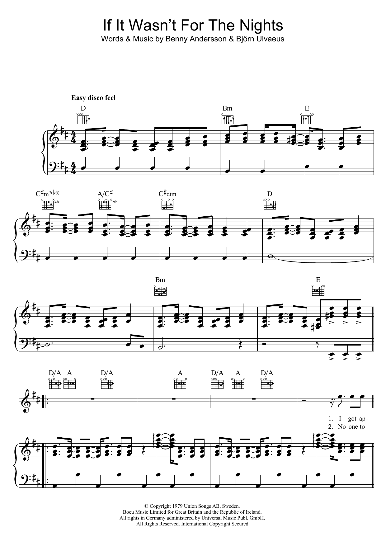 ABBA If It Wasn't For The Nights Sheet Music Notes & Chords for Lyrics & Chords - Download or Print PDF