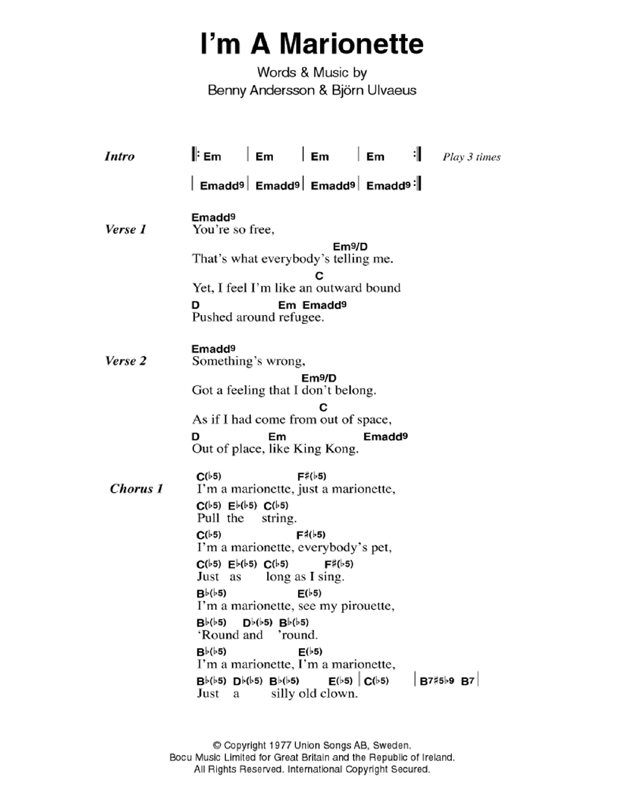 ABBA I'm A Marionette Sheet Music Notes & Chords for Lyrics & Chords - Download or Print PDF