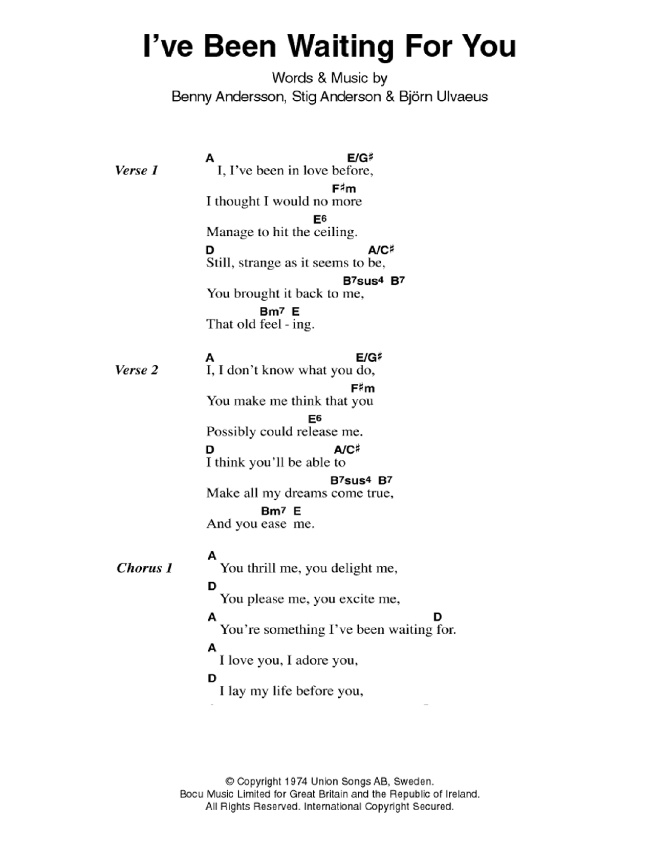 ABBA I've Been Waiting For You Sheet Music Notes & Chords for Lyrics & Chords - Download or Print PDF ABBA I've Been Waiting For You Sheet Music Notes & Chords for Lyrics & Chords - Download or Print PDF