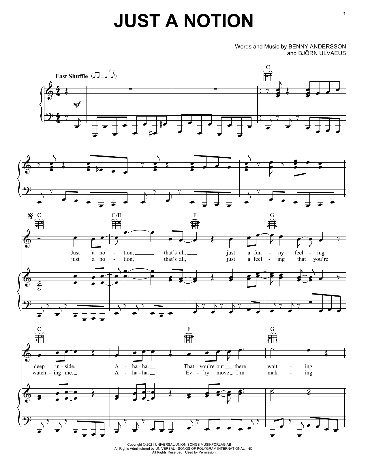 ABBA Just A Notion Sheet Music Notes & Chords for Piano, Vocal & Guitar (Right-Hand Melody) - Download or Print PDF