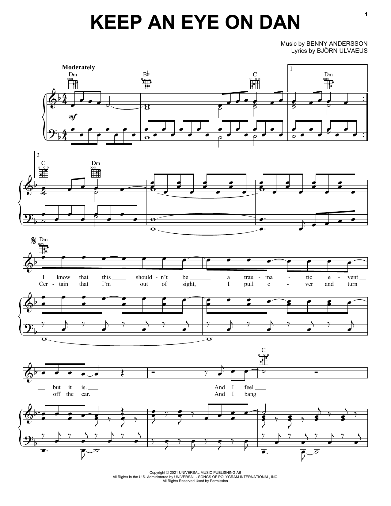 ABBA Keep An Eye On Dan Sheet Music Notes & Chords for Piano, Vocal & Guitar Chords (Right-Hand Melody) - Download or Print PDF