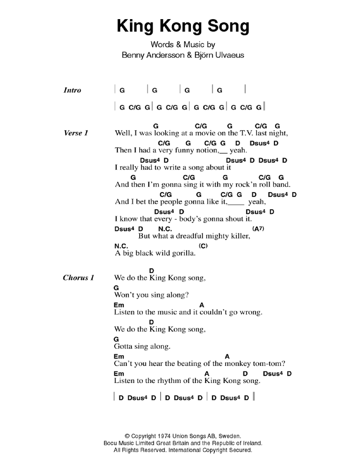 ABBA King Kong Song Sheet Music Notes & Chords for Lyrics & Chords - Download or Print PDF