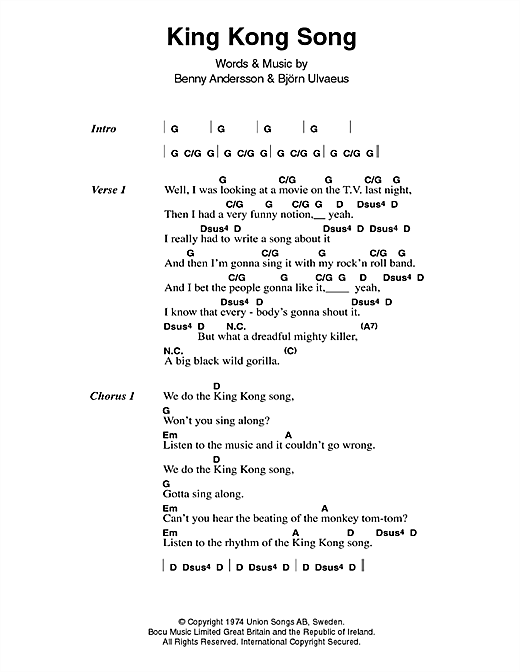 ABBA King Kong Song Sheet Music Notes & Chords for Lyrics & Chords - Download or Print PDF