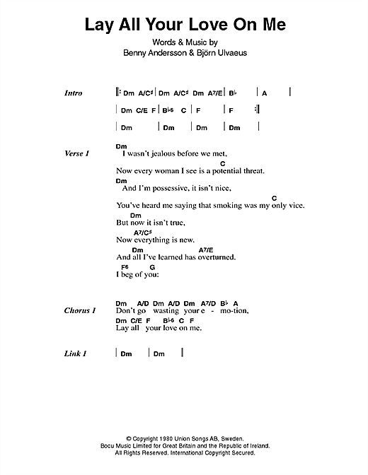 Preview ABBA Lay All Your Love On Me Pop sheet music, notes and chords for Piano (Big Notes), SKU: 71738 Lay All Your Love On Me sheet music
