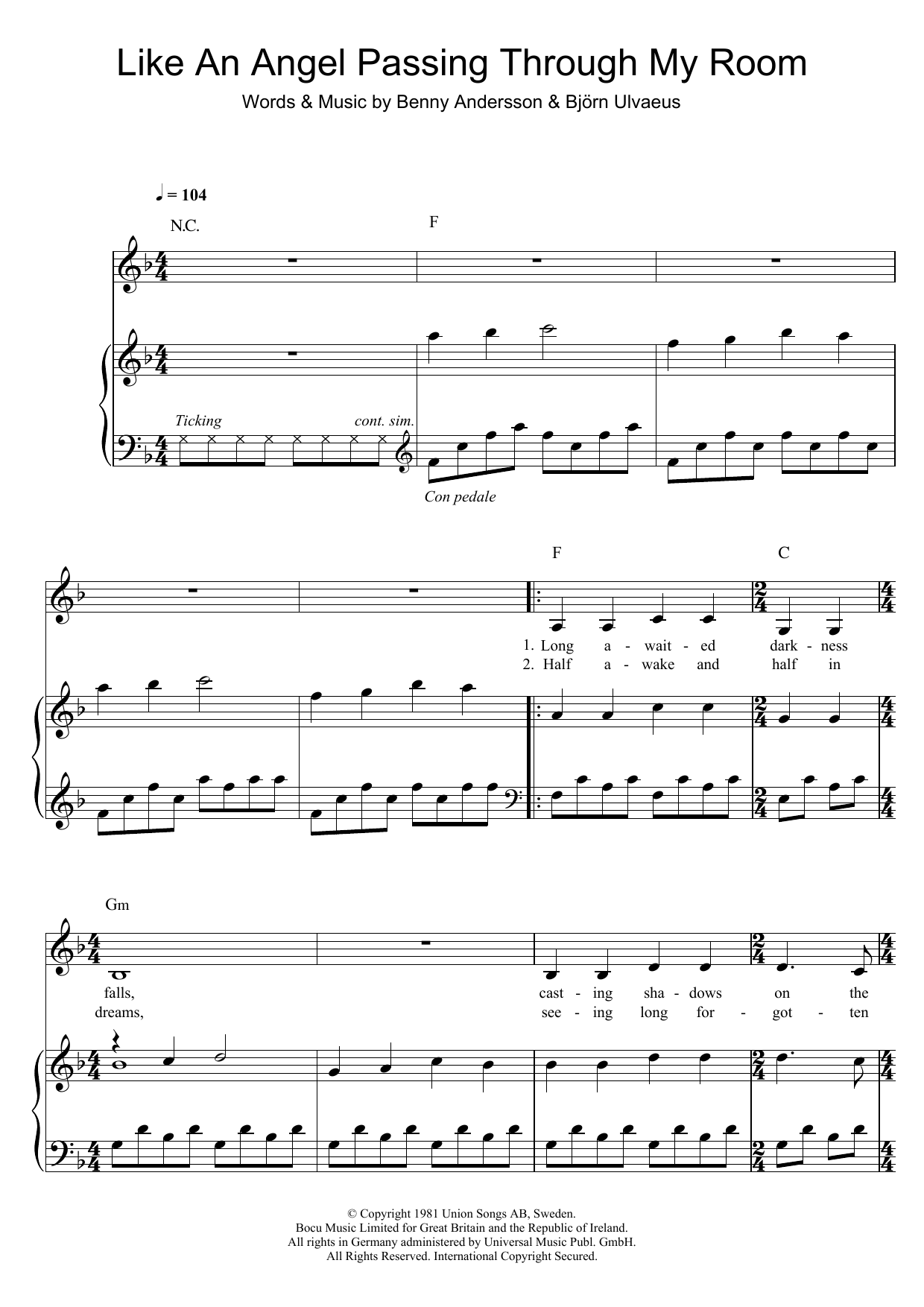 ABBA Like An Angel Passing Through My Room Sheet Music Notes & Chords for Piano, Vocal & Guitar (Right-Hand Melody) - Download or Print PDF