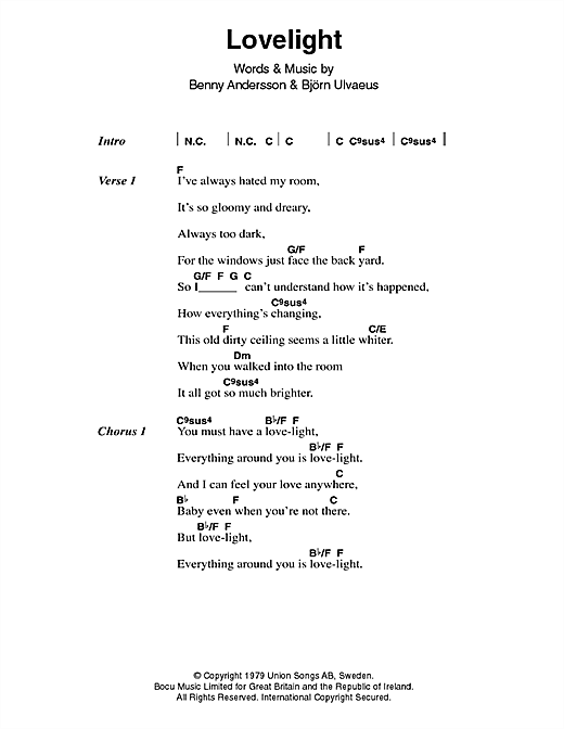 ABBA Lovelight Sheet Music Notes & Chords for Lyrics & Chords - Download or Print PDF