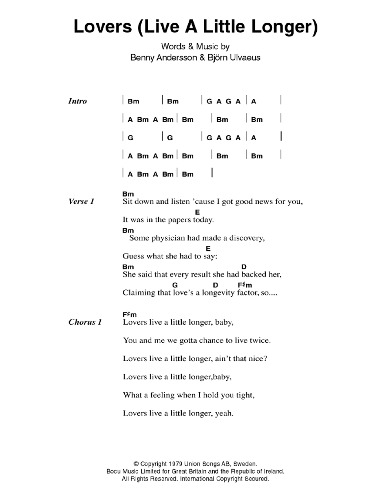 ABBA Lovers (Live A Little Longer) Sheet Music Notes & Chords for Lyrics & Chords - Download or Print PDF