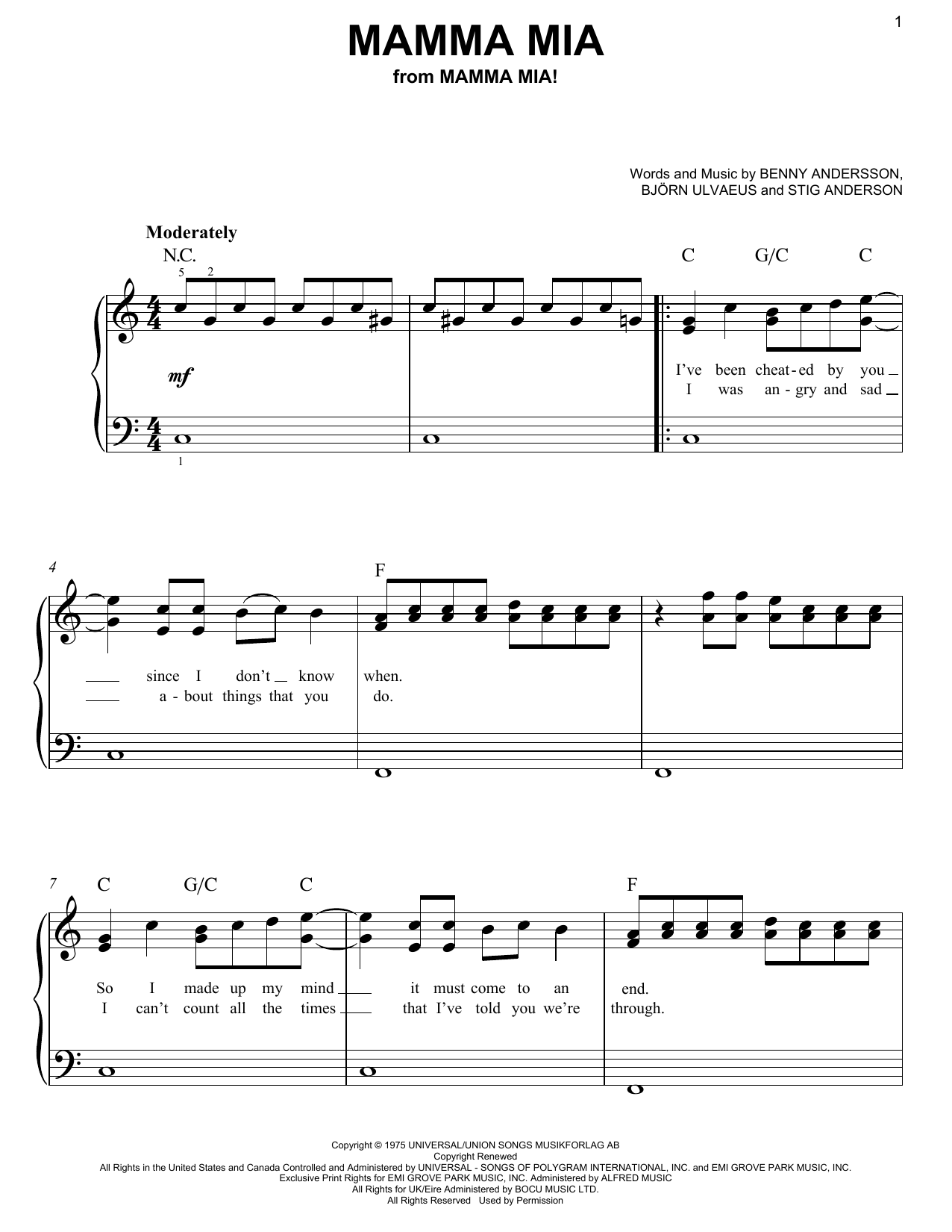 ABBA Mamma Mia (from the musical Mamma Mia!) Sheet Music Notes & Chords for Very Easy Piano - Download or Print PDF