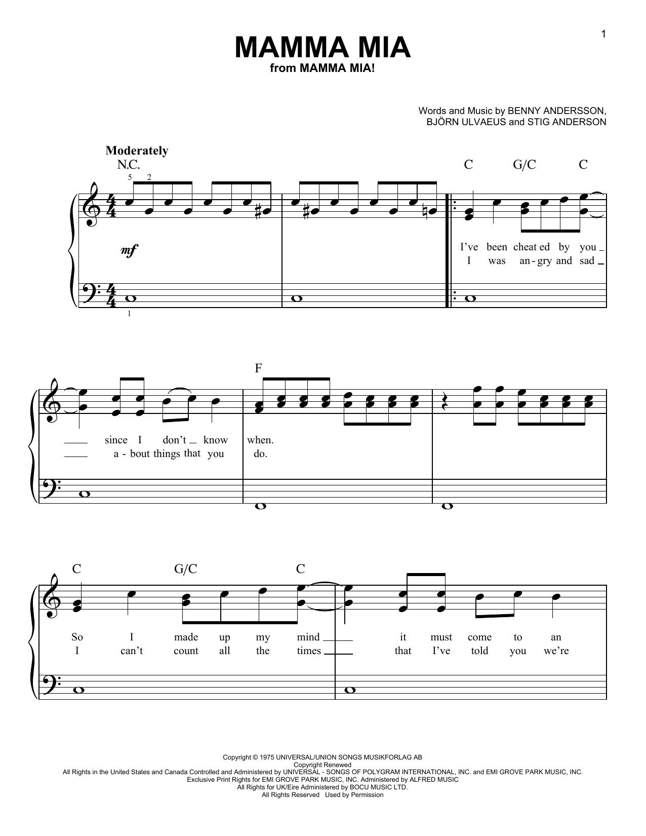 ABBA Mamma Mia (from the musical Mamma Mia!) Sheet Music Notes & Chords for Very Easy Piano - Download or Print PDF
