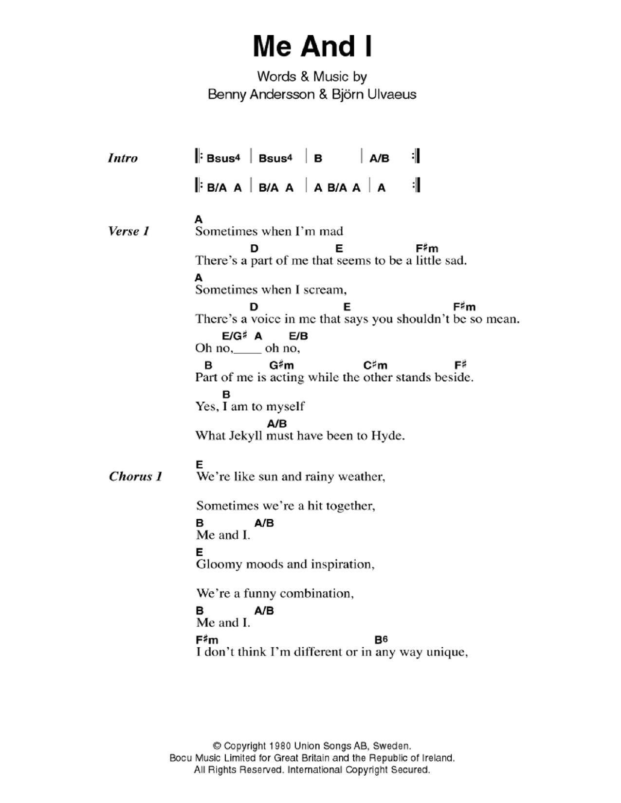 ABBA Me And I Sheet Music Notes & Chords for Piano, Vocal & Guitar (Right-Hand Melody) - Download or Print PDF