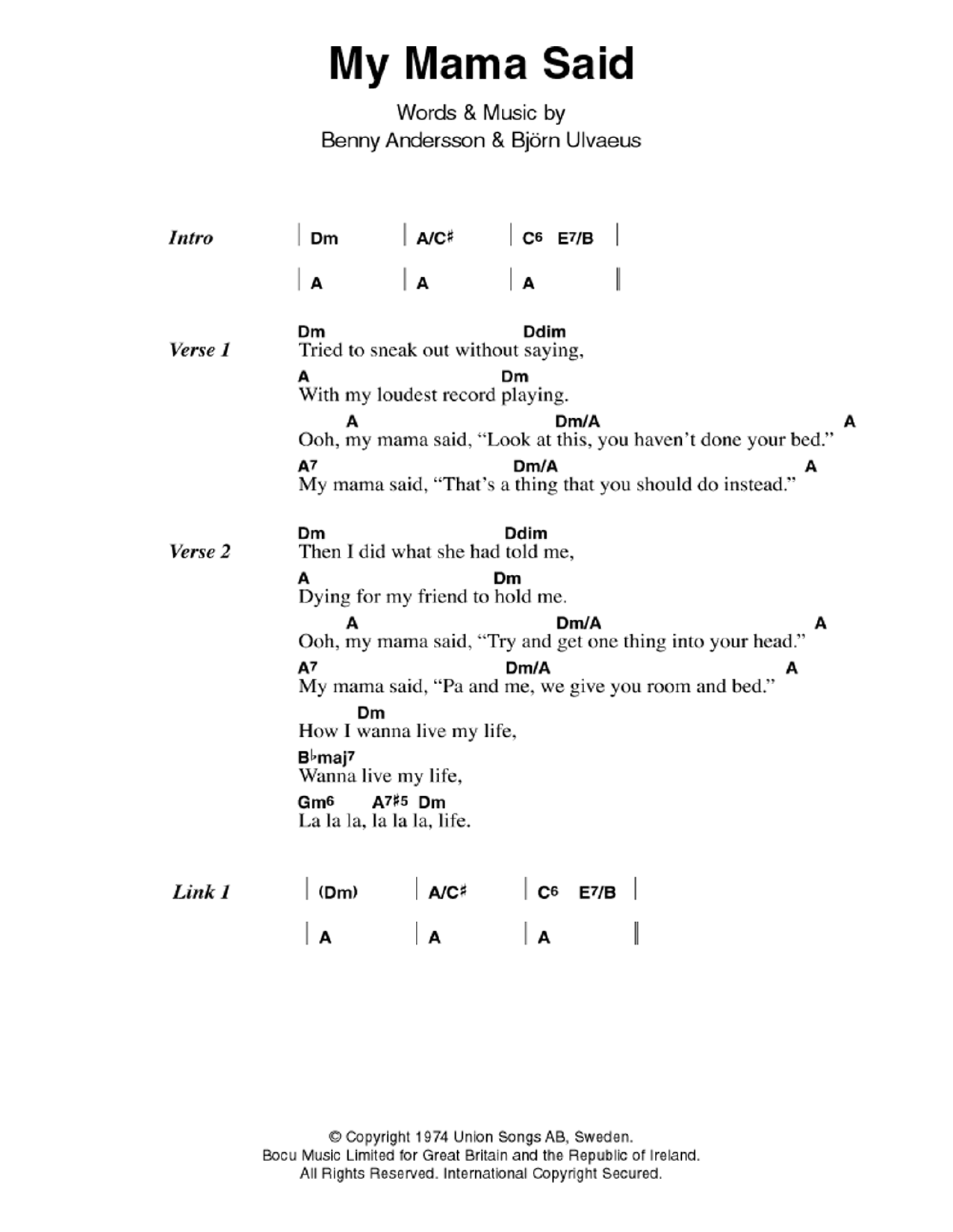 ABBA My Mama Said Sheet Music Notes & Chords for Lyrics & Chords - Download or Print PDF