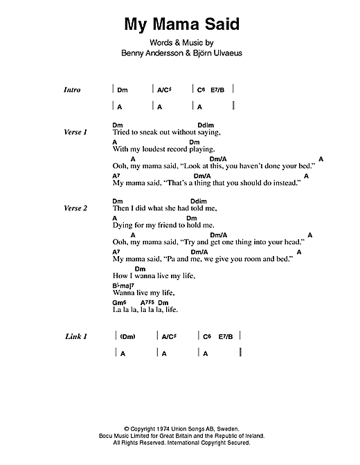 ABBA My Mama Said Sheet Music Notes & Chords for Lyrics & Chords - Download or Print PDF