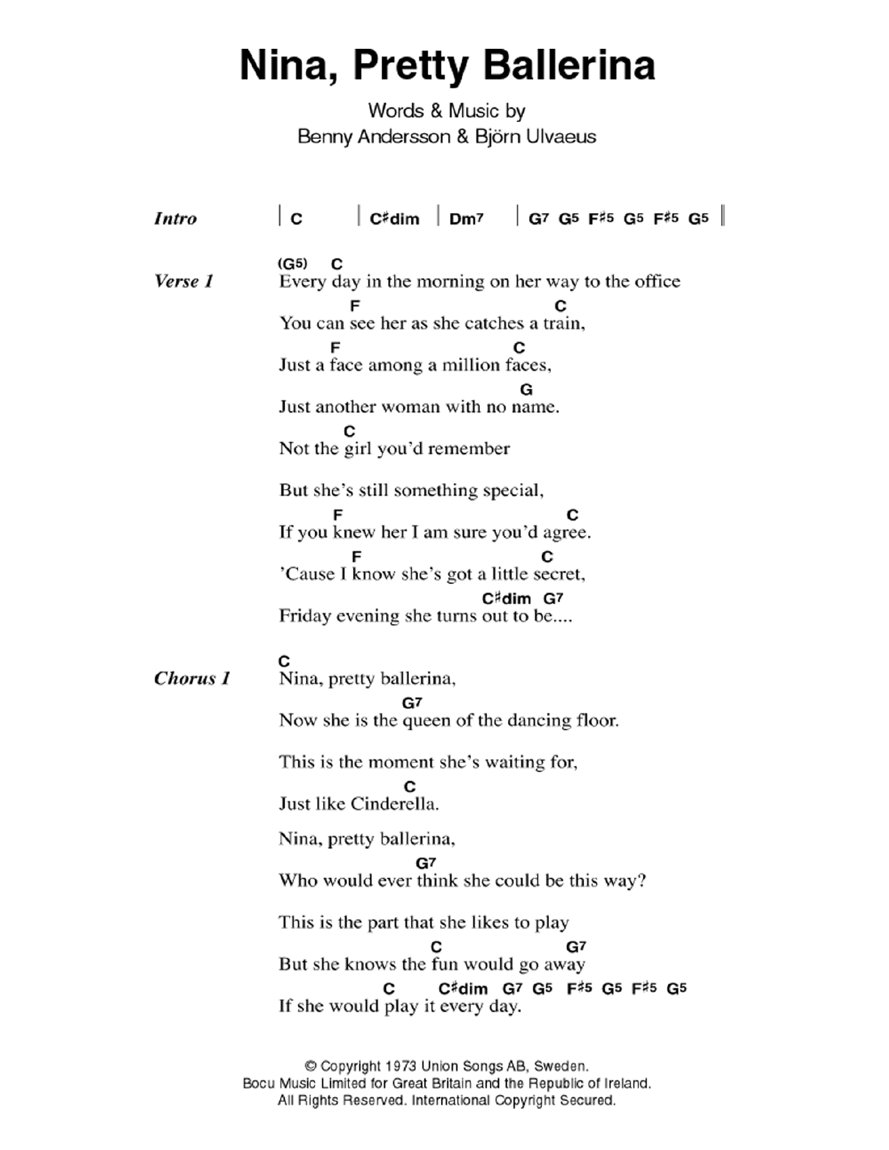 ABBA Nina, Pretty Ballerina Sheet Music Notes & Chords for Lyrics & Chords - Download or Print PDF