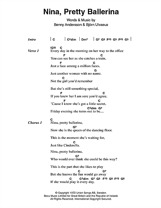 ABBA Nina, Pretty Ballerina Sheet Music Notes & Chords for Lyrics & Chords - Download or Print PDF
