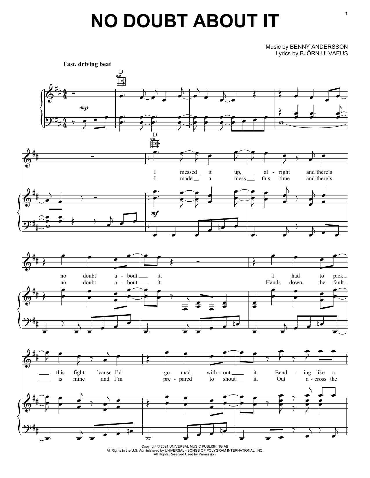 ABBA No Doubt About It Sheet Music Notes & Chords for Piano, Vocal & Guitar Chords (Right-Hand Melody) - Download or Print PDF