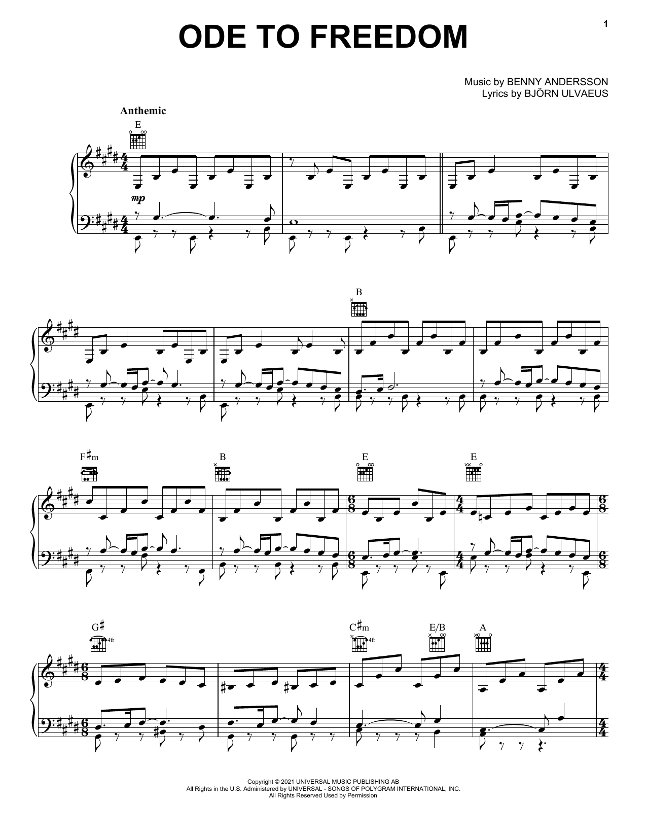 ABBA Ode To Freedom Sheet Music Notes & Chords for Piano, Vocal & Guitar Chords (Right-Hand Melody) - Download or Print PDF