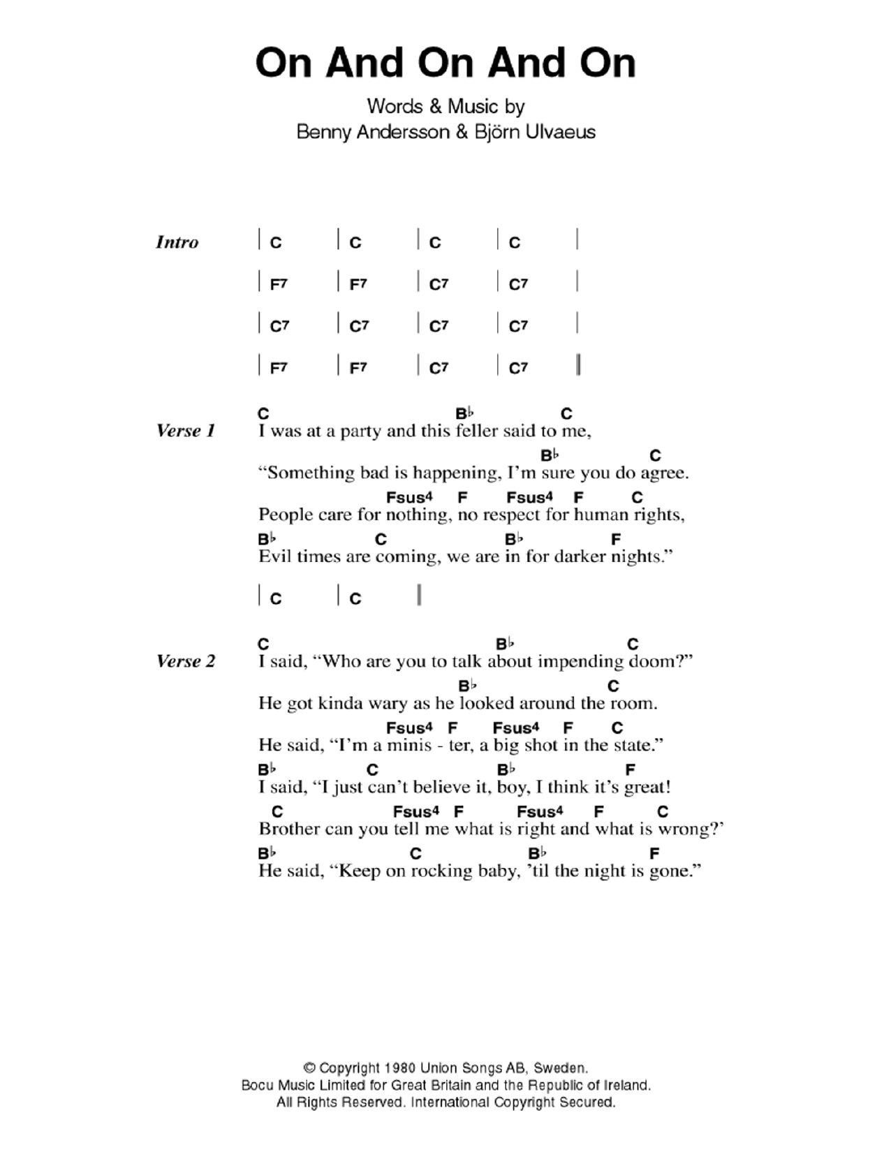 ABBA On And On And On Sheet Music Notes & Chords for Piano, Vocal & Guitar (Right-Hand Melody) - Download or Print PDF