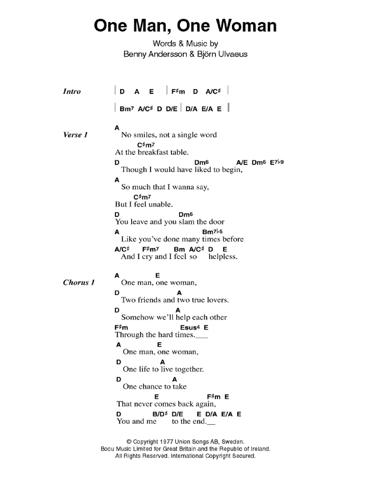 ABBA One Man, One Woman Sheet Music Notes & Chords for Piano, Vocal & Guitar (Right-Hand Melody) - Download or Print PDF