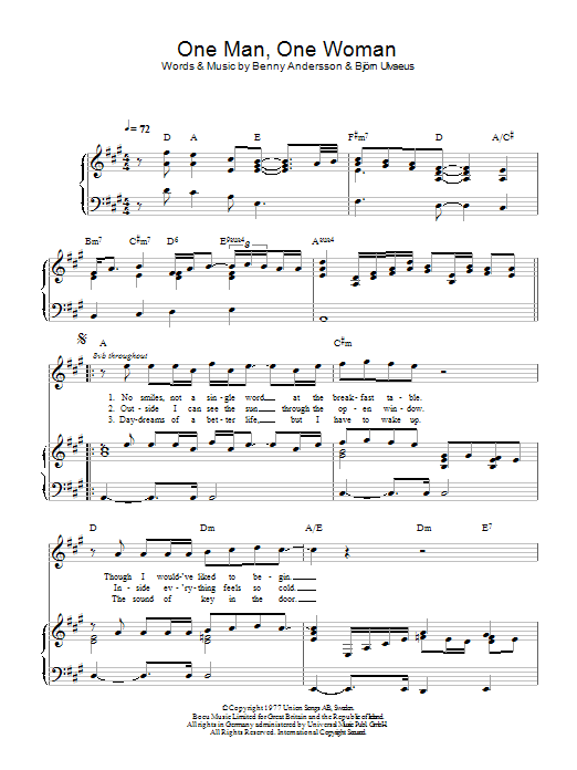 ABBA One Man, One Woman Sheet Music Notes & Chords for Piano, Vocal & Guitar (Right-Hand Melody) - Download or Print PDF