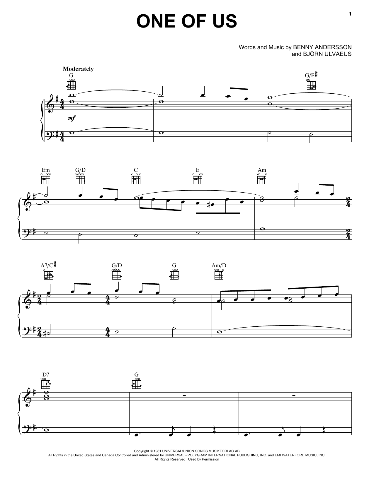 ABBA One Of Us (from Mamma Mia! Here We Go Again) Sheet Music Notes & Chords for Piano, Vocal & Guitar (Right-Hand Melody) - Download or Print PDF